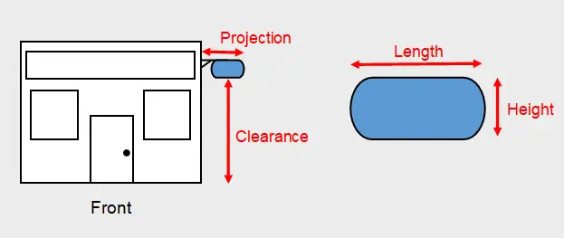 Diagram showing two signs mounted on poles with measurements. Arrows indicate length, height, total height, and ground embedment depth.