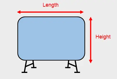 Diagram showing two signs mounted on poles with measurements. Arrows indicate length, height, total height, and ground embedment depth.