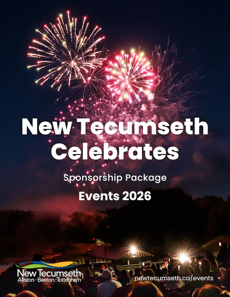 Colorful fireworks over a crowd at night with text “New Tecumseth Celebrates” promotion.